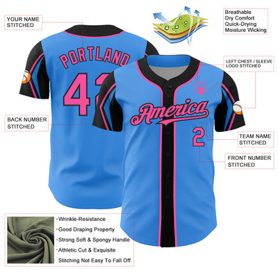 Custom Electric Blue Pink-Black 3 Colors Arm Shapes Authentic Baseball Jersey