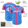 Custom Electric Blue White-Pink 3 Colors Arm Shapes Authentic Baseball Jersey