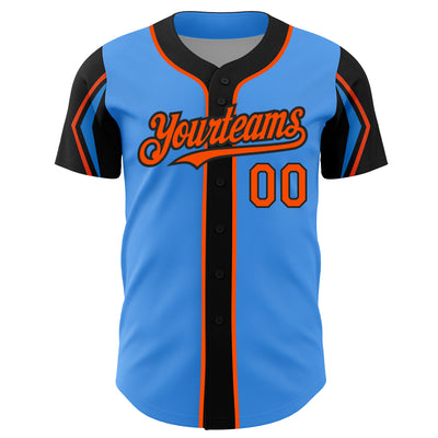 Custom Electric Blue Orange-Black 3 Colors Arm Shapes Authentic Baseball Jersey