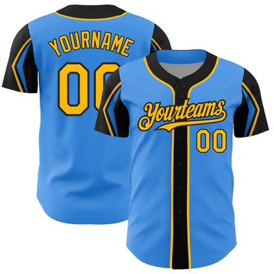 Custom Electric Blue Gold-Black 3 Colors Arm Shapes Authentic Baseball Jersey