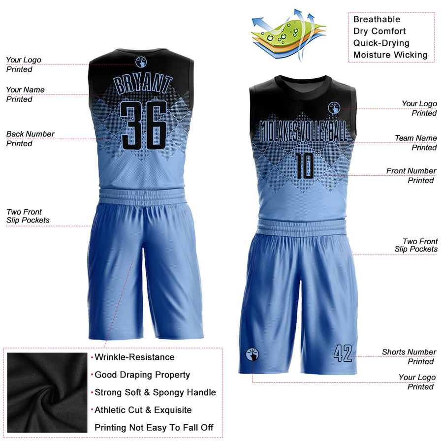 Custom Light Blue Black Round Neck Sublimation Basketball Suit Jersey