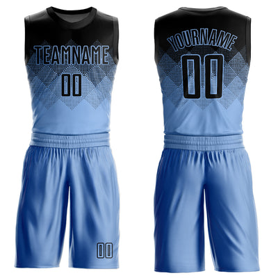 Custom Light Blue Black Round Neck Sublimation Basketball Suit Jersey