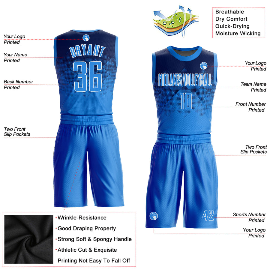 Custom Navy Powder Blue-White Round Neck Sublimation Basketball Suit Jersey