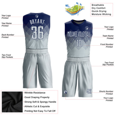 Custom Navy Silver Round Neck Sublimation Basketball Suit Jersey