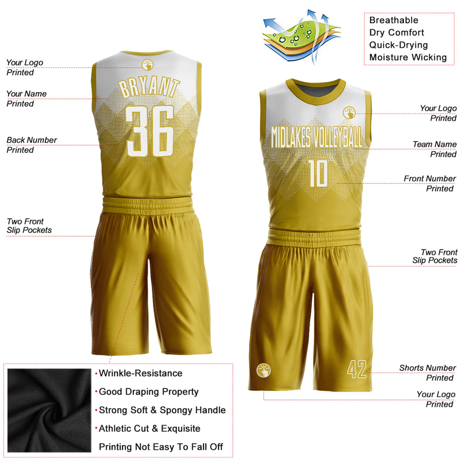 Custom Old Gold White Round Neck Sublimation Basketball Suit Jersey