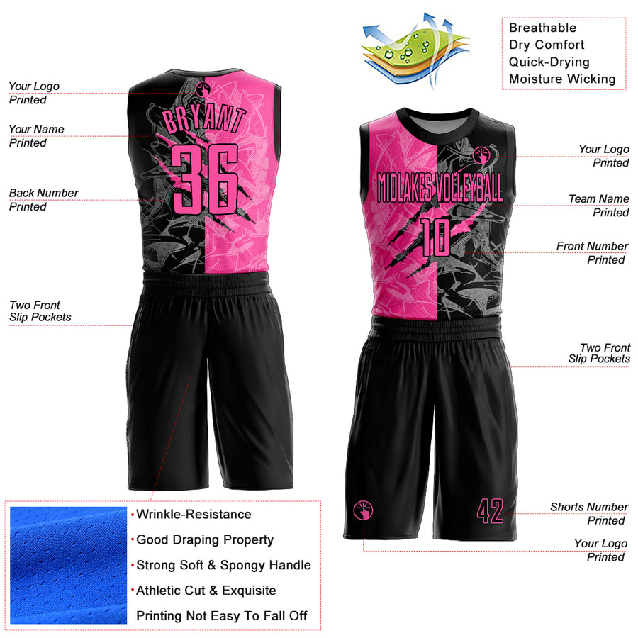 Custom Graffiti Pattern Pink-Black Scratch Round Neck Sublimation Basketball Suit Jersey