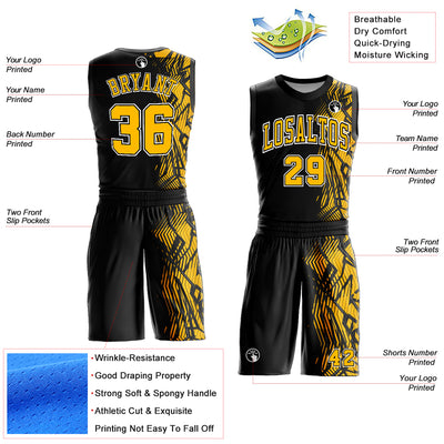 Custom Black Gold-White Round Neck Sublimation Basketball Suit Jersey