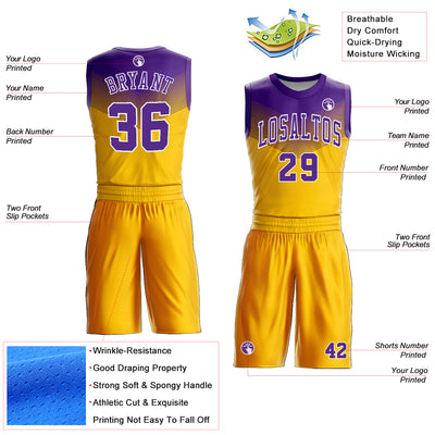 Custom Gold Purple-White Round Neck Sublimation Basketball Suit Jersey