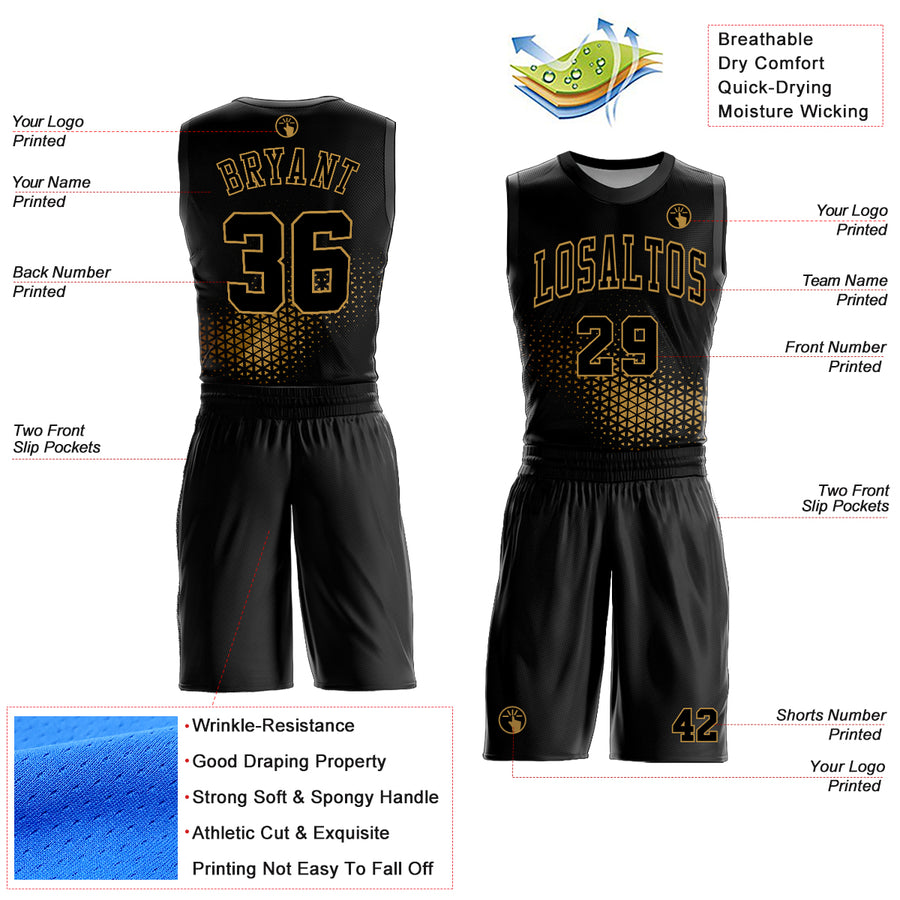 Custom Black Old Gold Round Neck Sublimation Basketball Suit Jersey