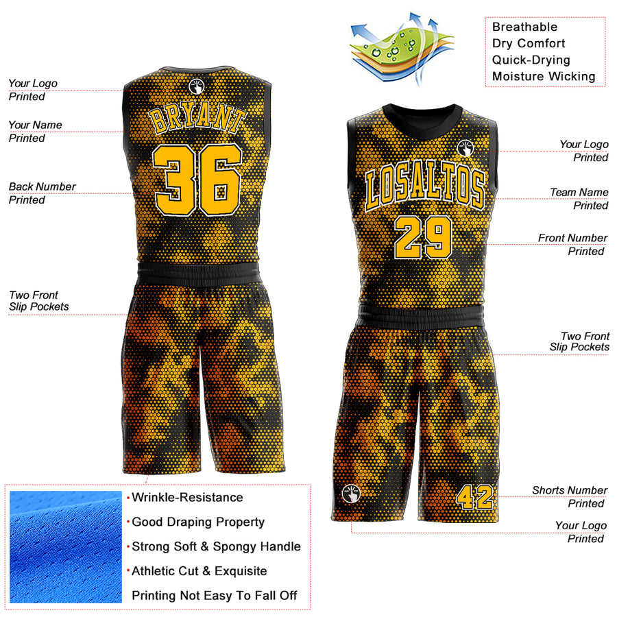 Custom Black Gold-White Round Neck Sublimation Basketball Suit Jersey