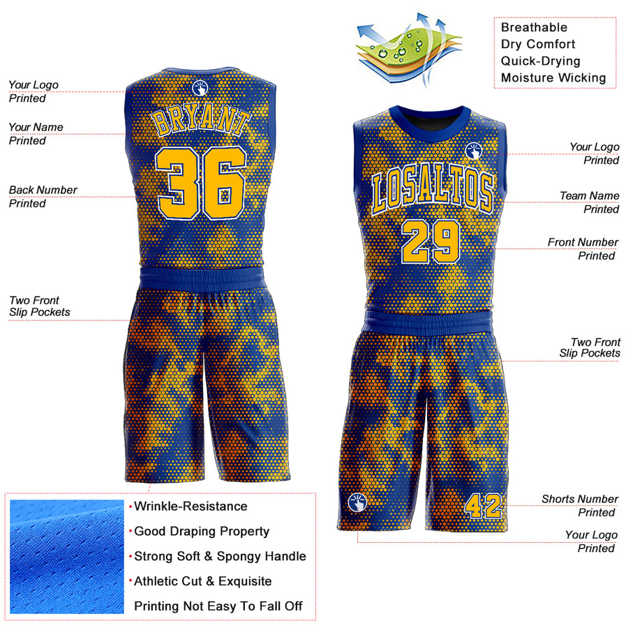 Custom Royal Gold-White Round Neck Sublimation Basketball Suit Jersey