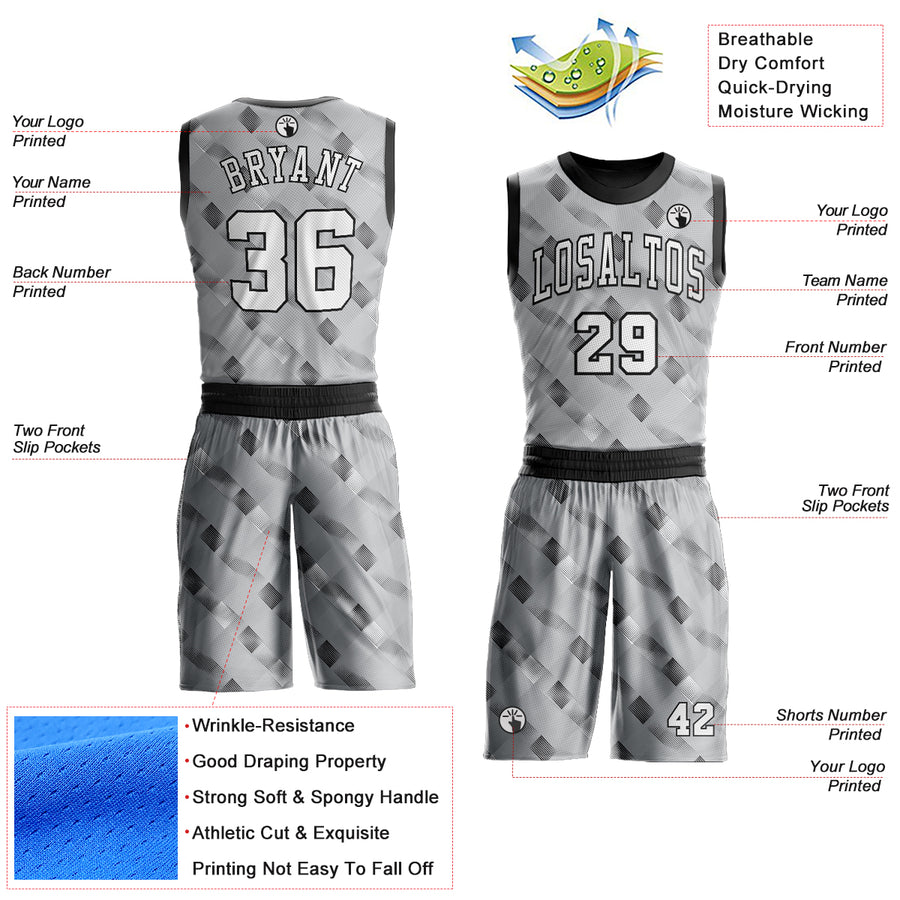 Custom Gray White-Black Round Neck Sublimation Basketball Suit Jersey