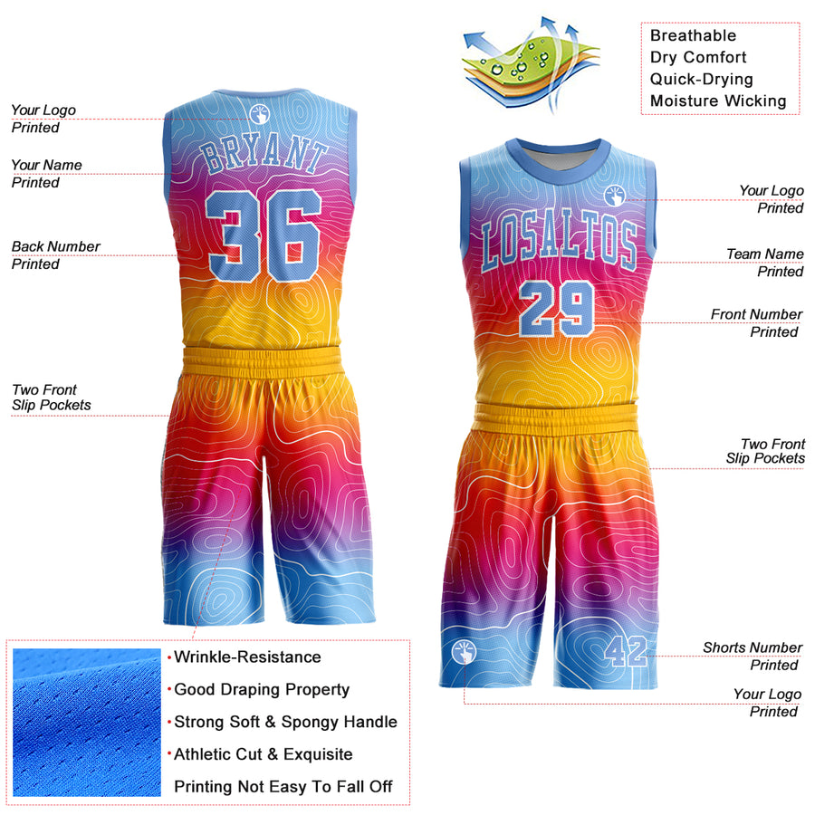 Custom Gold Light Blue-White Round Neck Sublimation Basketball Suit Jersey