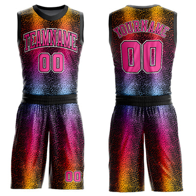 Custom Black Pink-Gold Animal Fur Print Round Neck Sublimation Basketball Suit Jersey