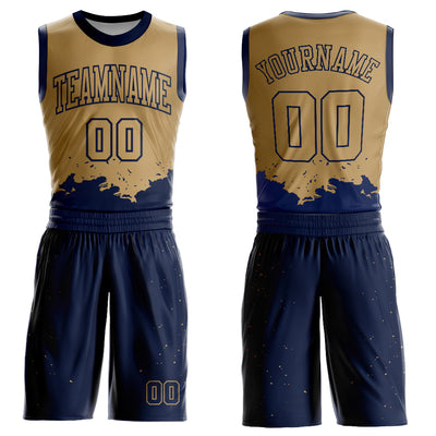 Custom Old Gold Navy Color Splash Round Neck Sublimation Basketball Suit Jersey