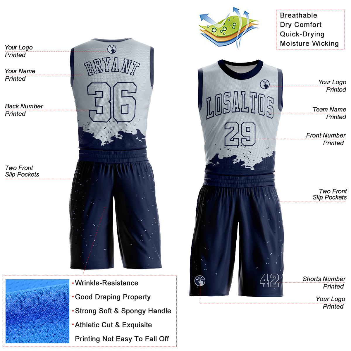 Custom Silver Navy Color Splash Round Neck Sublimation Basketball Suit Jersey