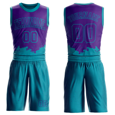 Custom Purple Teal Color Splash Round Neck Sublimation Basketball Suit Jersey