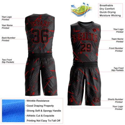 Custom Black Red Bright Lines Round Neck Sublimation Basketball Suit Jersey