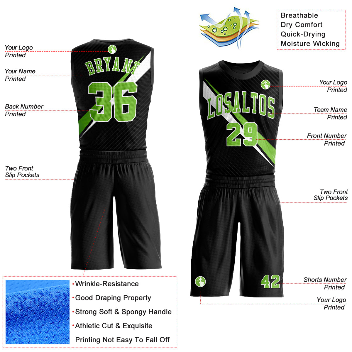 Custom Suit Basketball Suit Jersey Black Neon Green-White Diagonal Lines  Round Neck Sublimation Basketball Jersey - FansIdea