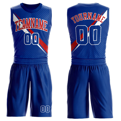 Custom Royal White-Red Diagonal Lines Round Neck Sublimation Basketball Suit Jersey