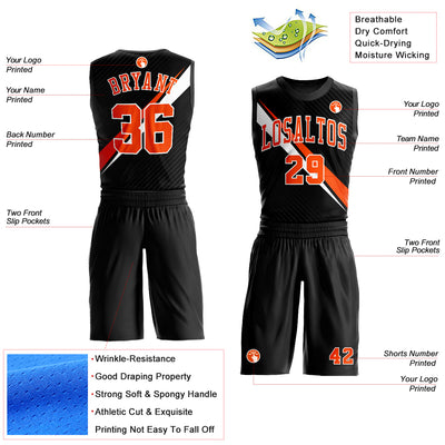 Custom Black Orange-White Diagonal Lines Round Neck Sublimation Basketball Suit Jersey