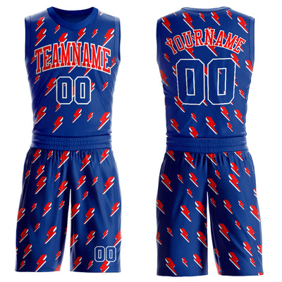 Custom Royal Red-White Lightning Shapes Round Neck Sublimation Basketball Suit Jersey