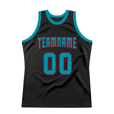 Custom Black Teal-Red Authentic Throwback Basketball Jersey