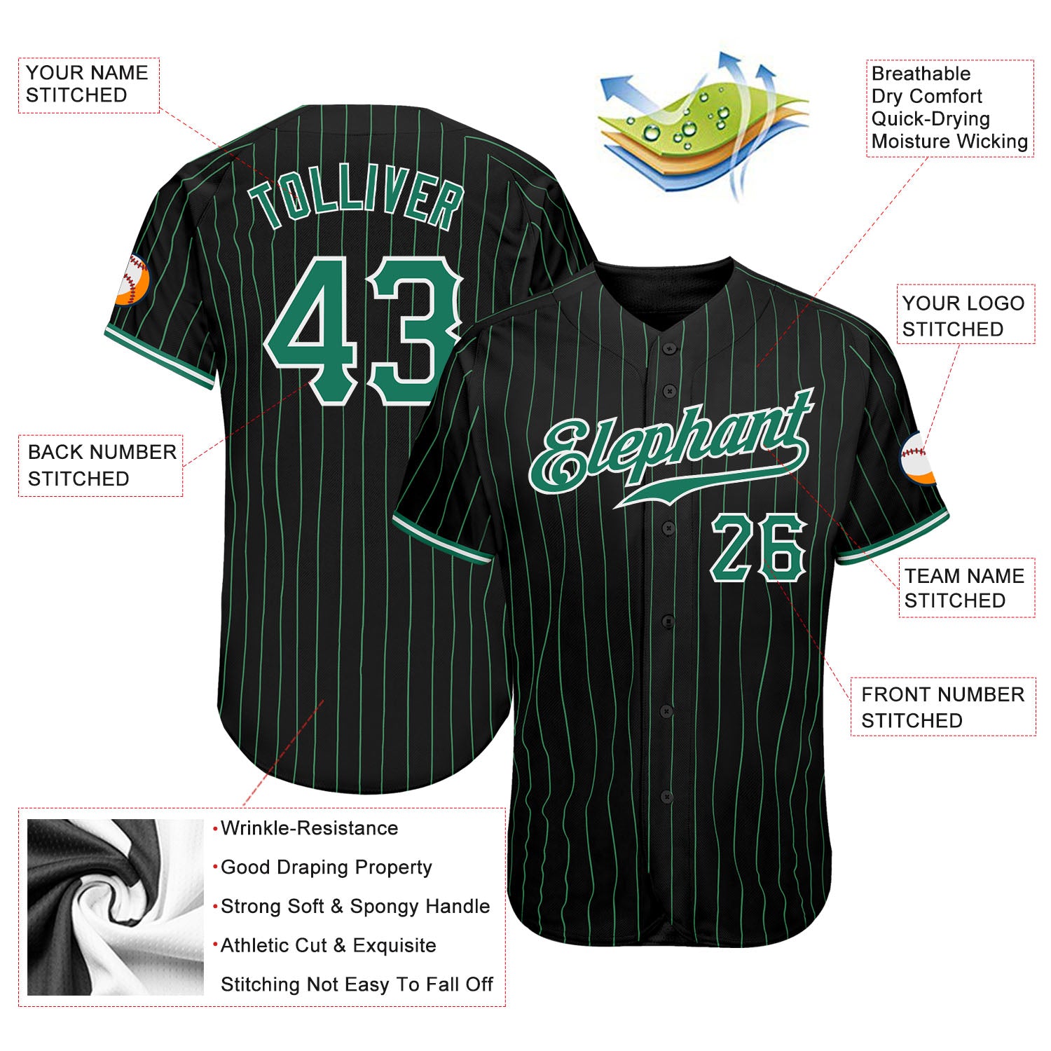 Custom Black Kelly Green Pinstripe Kelly Green-White Authentic Baseball Jersey