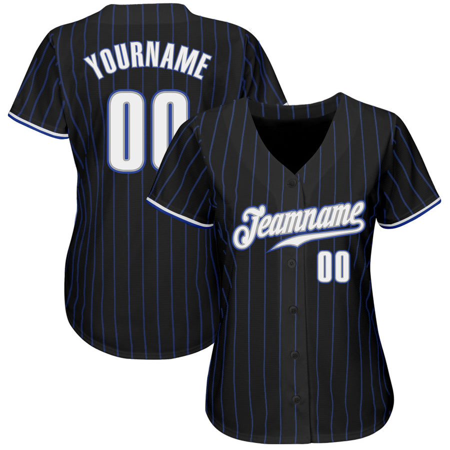 Custom Black Royal Pinstripe White-Gray Authentic Baseball Jersey