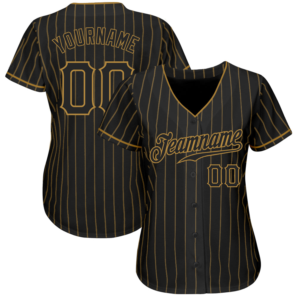 Custom Black Old Gold Pinstripe Black Authentic Baseball Jersey Women's Size:M