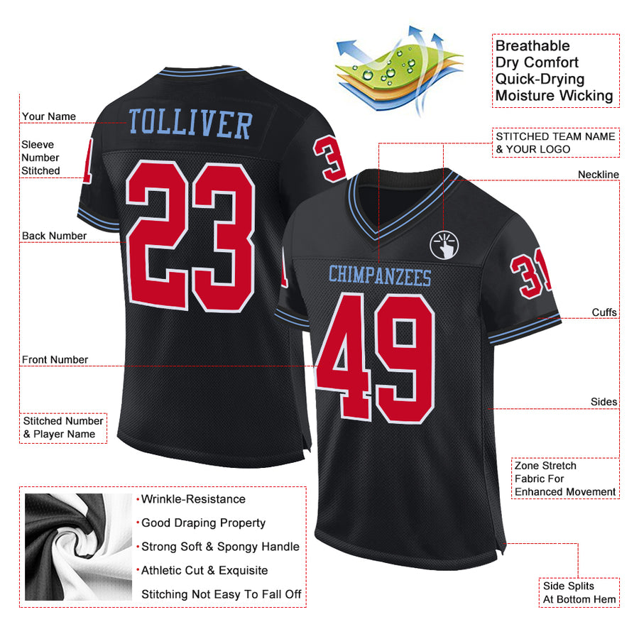 Custom Black Red-Light Blue Mesh Authentic Throwback Football Jersey