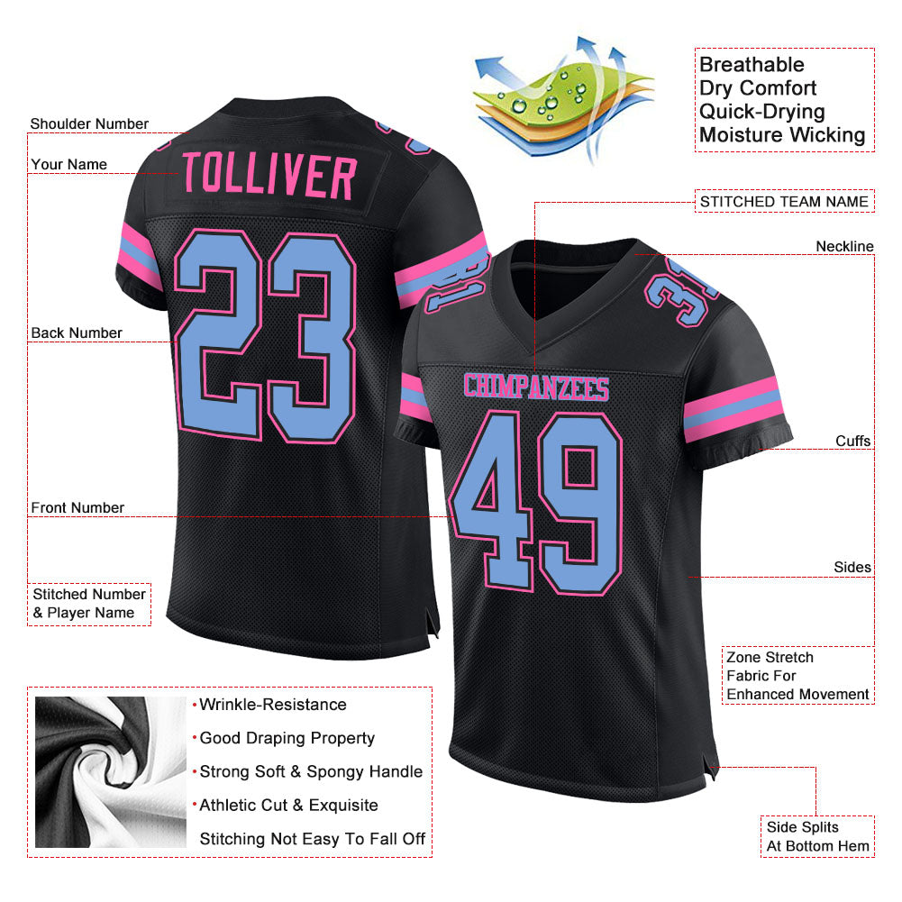 Custom Black Light Blue-Pink Mesh Authentic Football Jersey