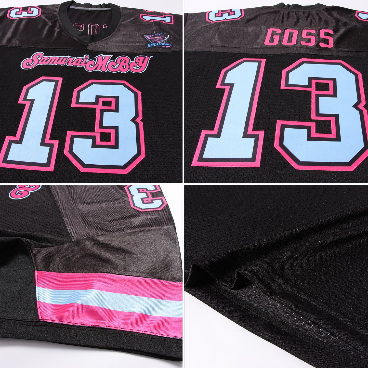 Custom Black Light Blue-Pink Mesh Authentic Football Jersey