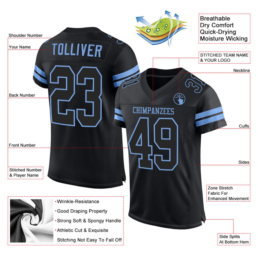 Custom Black Black-Light Blue Mesh Authentic Football Jersey