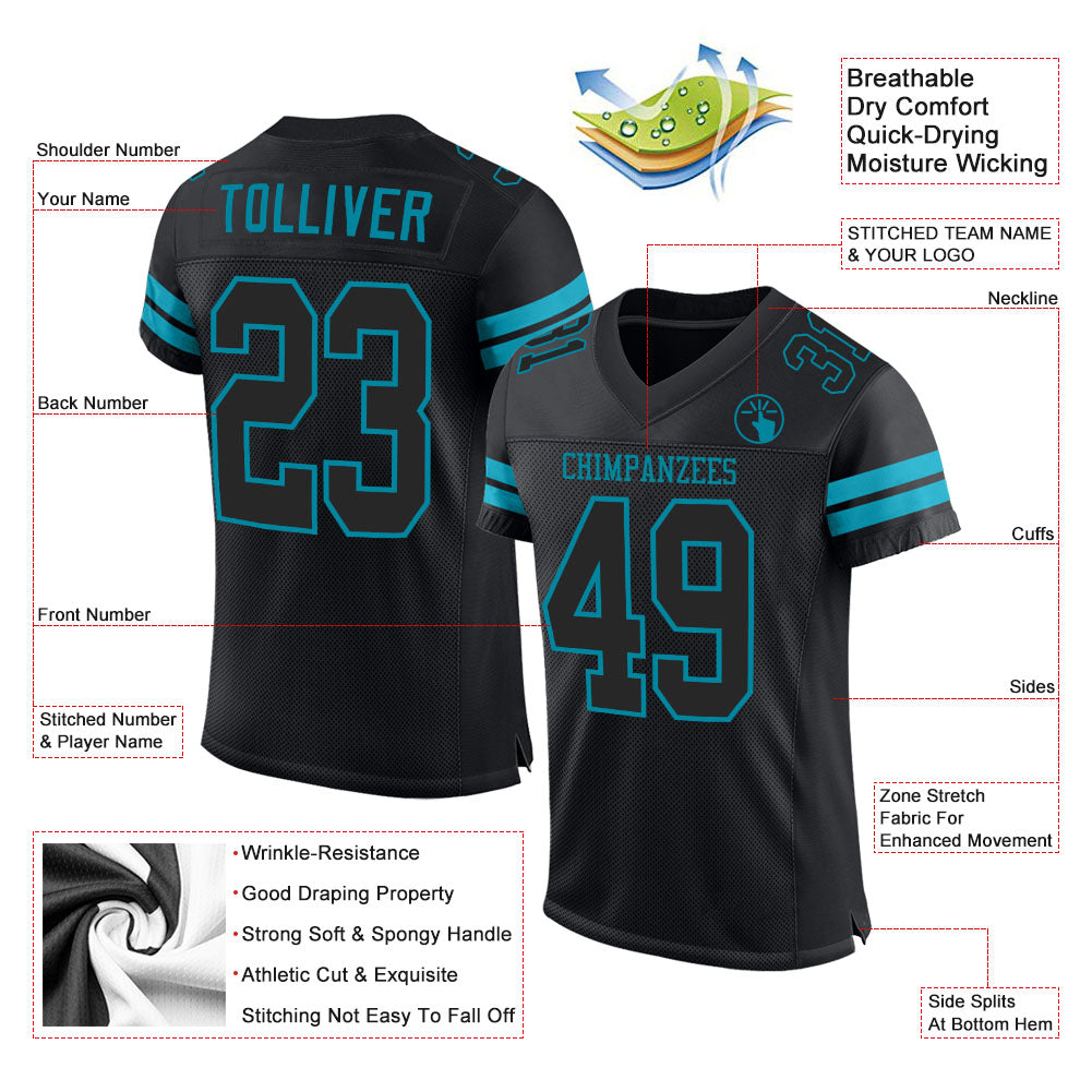 Custom Black Black-Teal Mesh Authentic Football Jersey