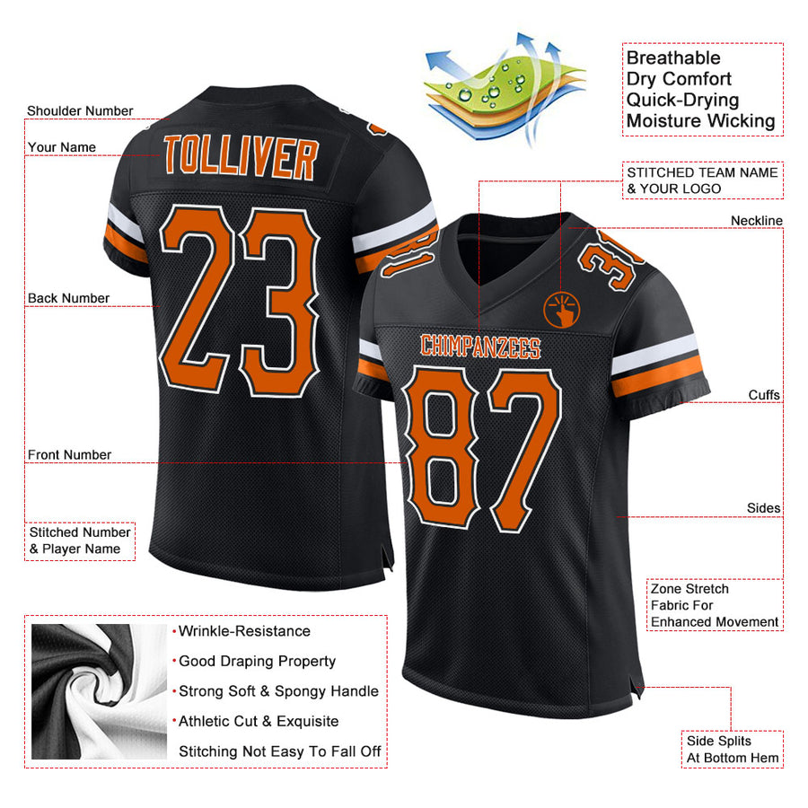 Custom Black Texas Orange-White Mesh Authentic Football Jersey