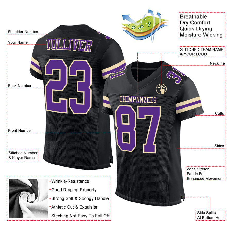 Custom Black Purple-Cream Mesh Authentic Football Jersey