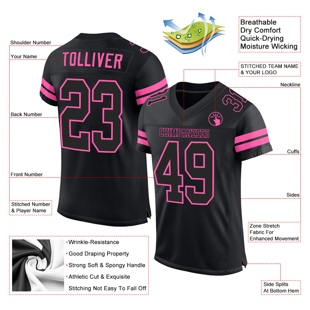 Custom Black Football Jersey Light Blue-Pink Mesh Authentic - FansIdea