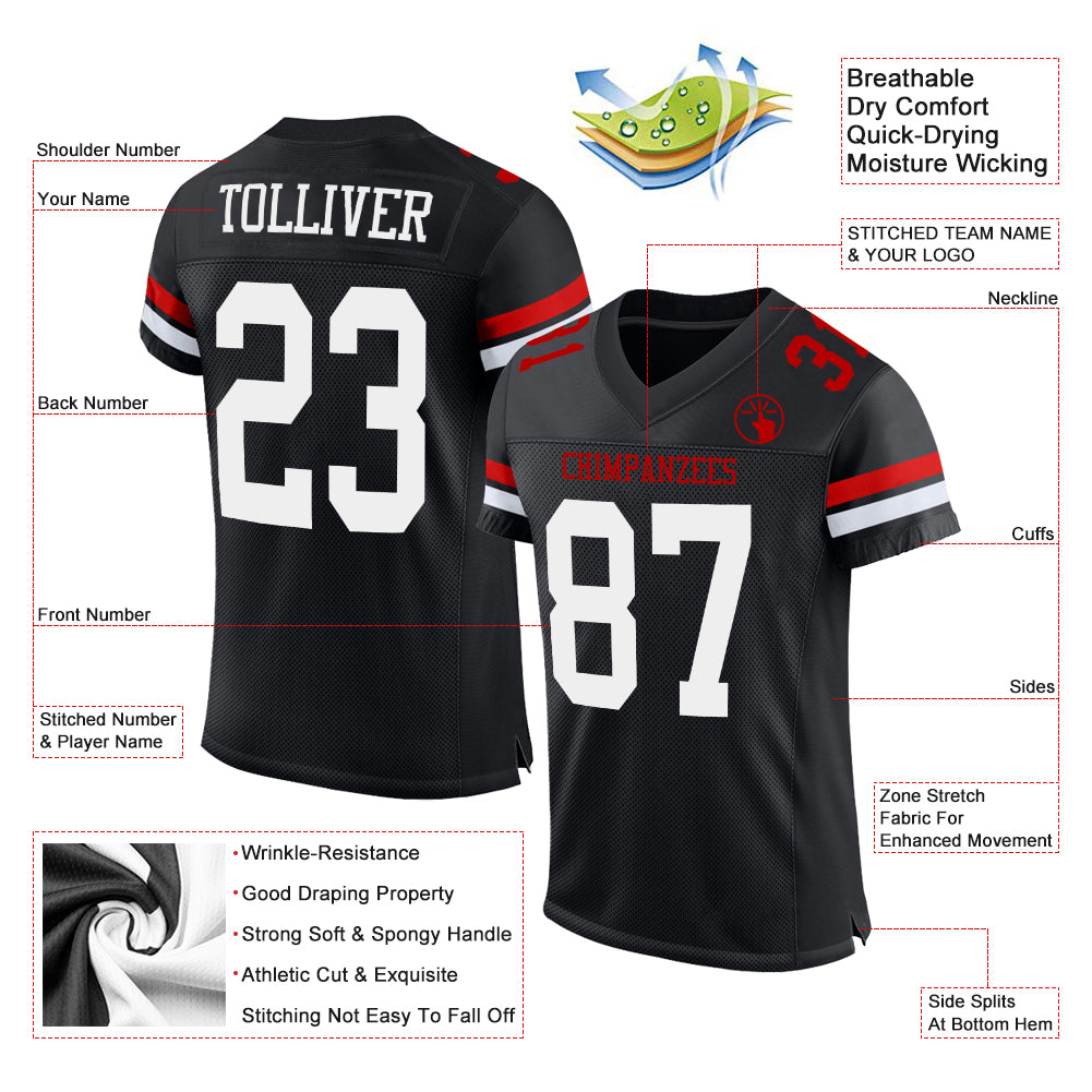 Custom Black White-Red Authentic Football Jersey Men's Size:L