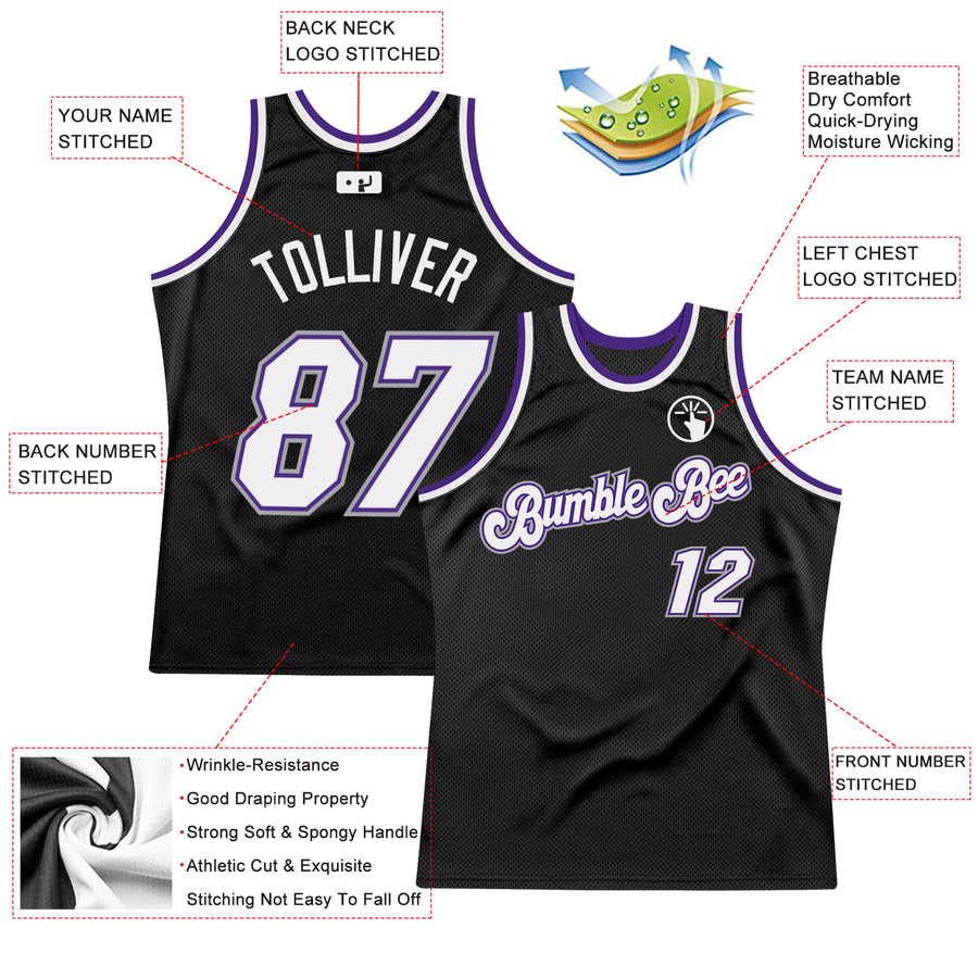 Custom Black White-Purple Authentic Throwback Basketball Jersey