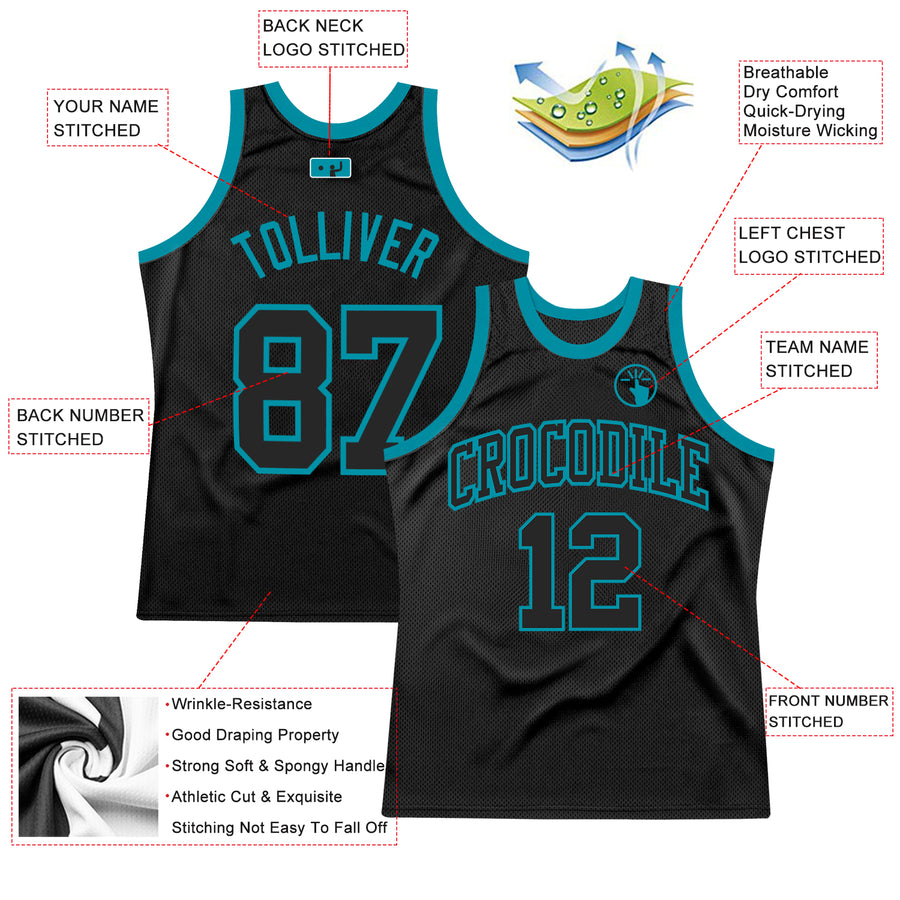 Custom Black Black-Teal Authentic Throwback Basketball Jersey