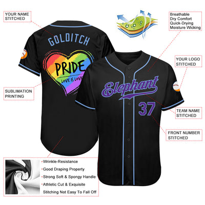 Custom Black Purple-Light Blue Rainbow Colored Heart For Pride Love Is Love LGBT Authentic Baseball Jersey