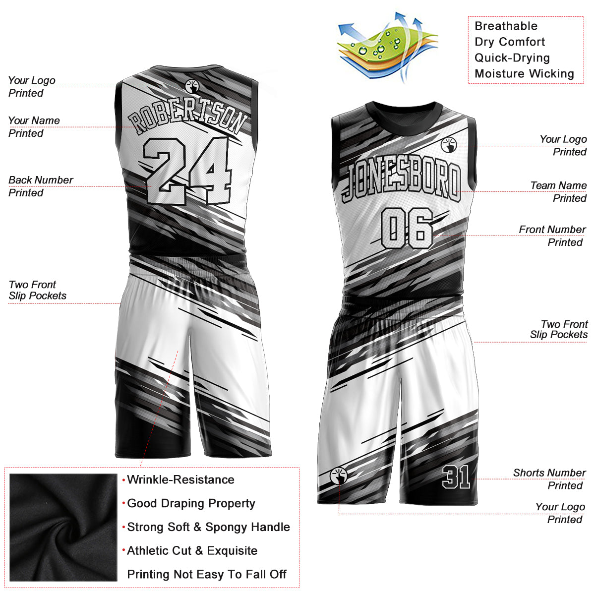 Custom Black White-Gray Round Neck Sublimation Basketball Suit Jersey