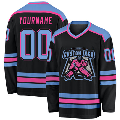 Custom Black Light Blue-Pink Hockey Jersey