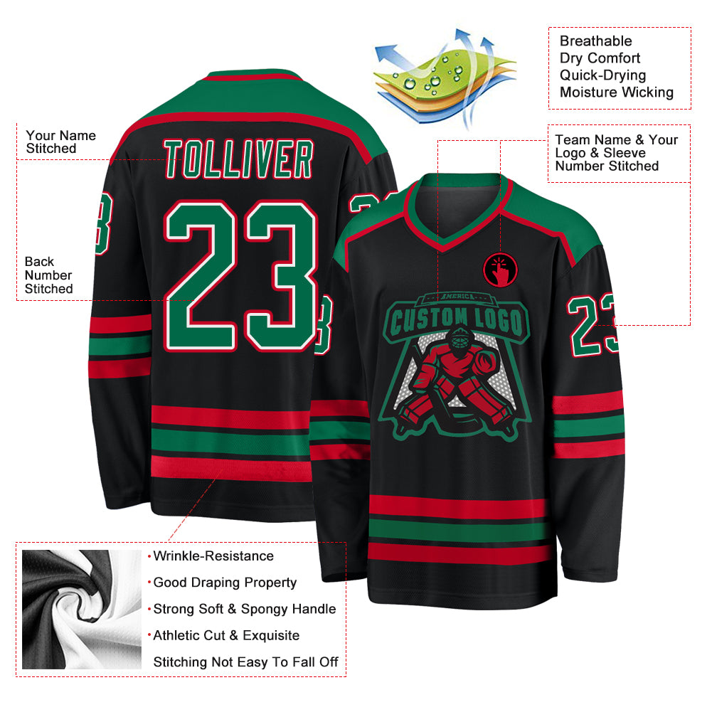 Custom Black Kelly Green White-Red Hockey Jersey