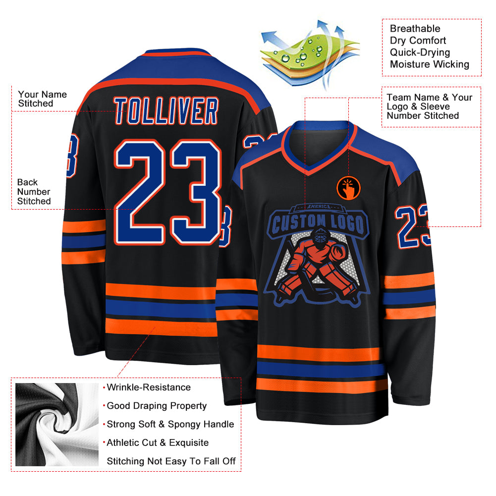 Custom Black Royal White-Orange Hockey Jersey