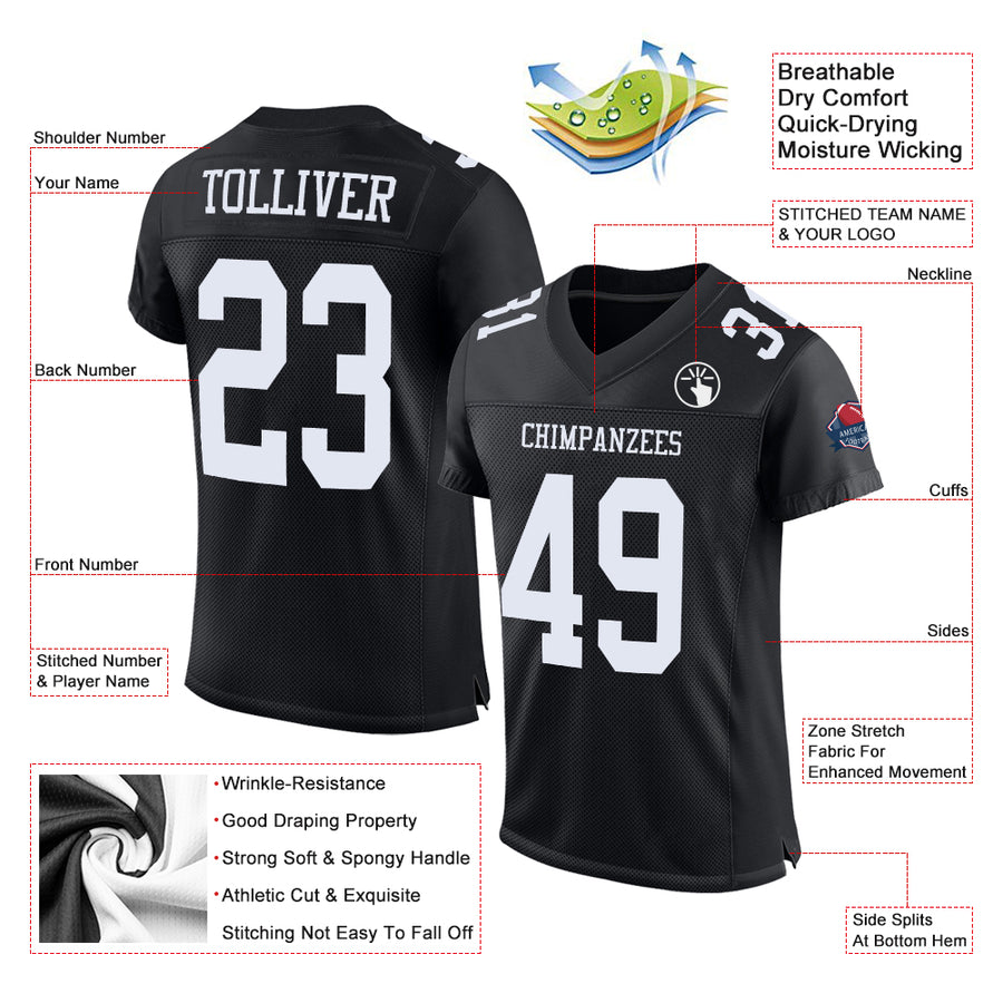 Custom Black White Mesh Authentic Football Jersey