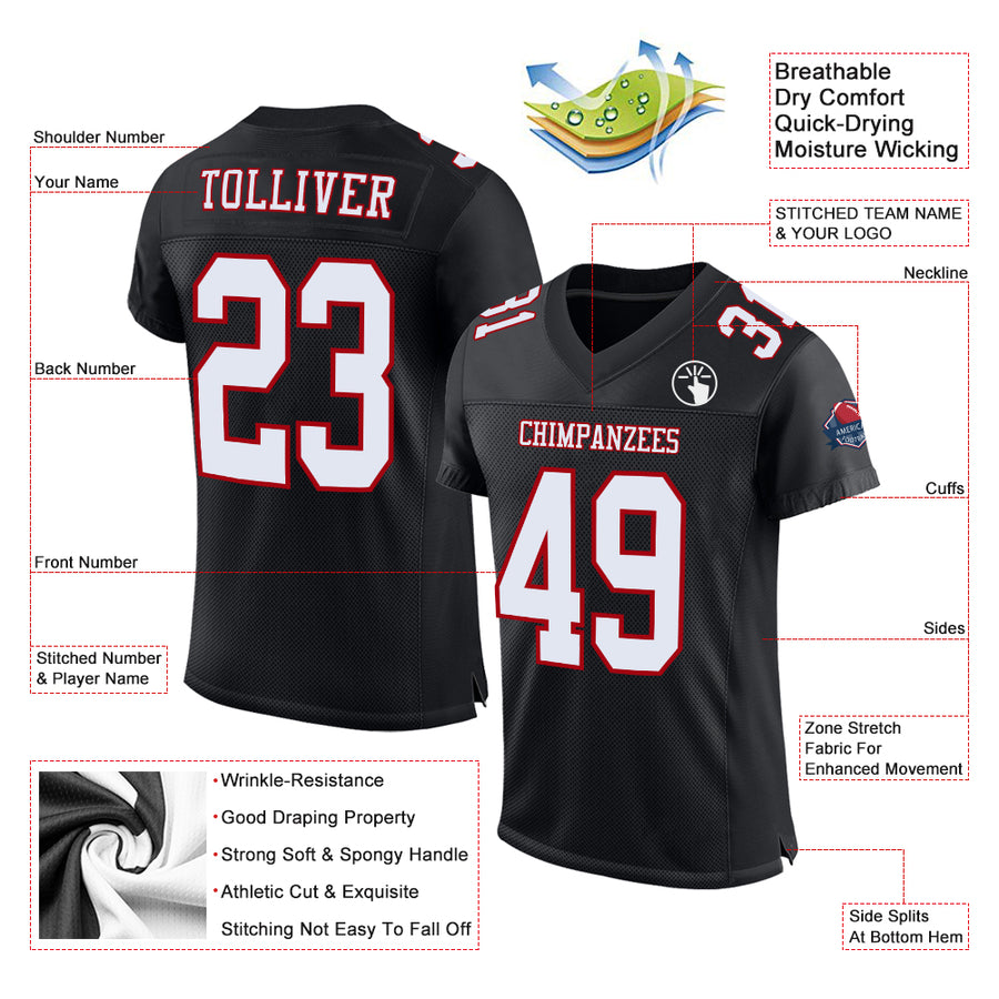 Custom Black White-Red Mesh Authentic Football Jersey