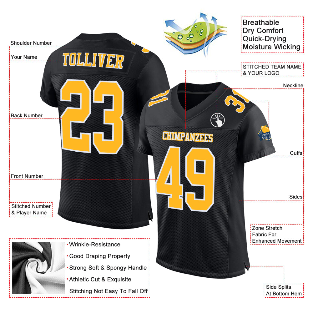 Custom Black Gold-White Mesh Authentic Football Jersey