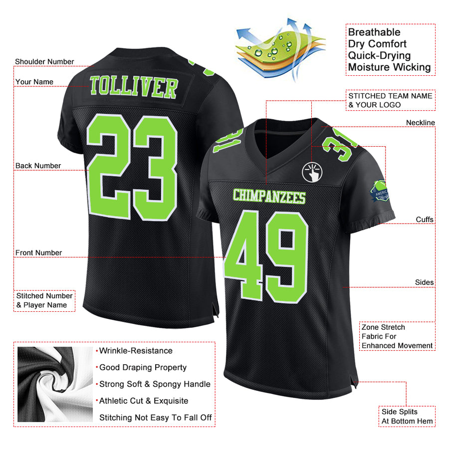 Custom Black Neon Green-White Mesh Authentic Football Jersey